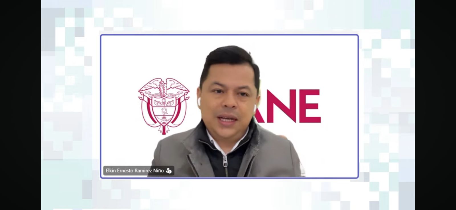 La imagen muestra un hombre en una videoconferencia. A su izquierda hay un escudo y a su derecha las letras "DANE".