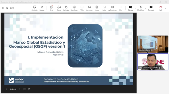 Diapositiva de una presentación titulada "Implementación del Marco Global Estadístico y Geoespacial (GSGF) versión 1", expuesta durante un encuentro de geoestadística con participación virtual de asistentes y ponentes.