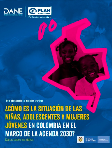 Portada de documento, ¿Cómo es la situación de las niñas, adolescentes y mujeres jóvenes en Colombia en el marco de la agenda 2023? En la portada se ven dos niñas afrodescendientes dentro de la silueta del mapa de colombia en color fucsia y el fondo del la portada es azul