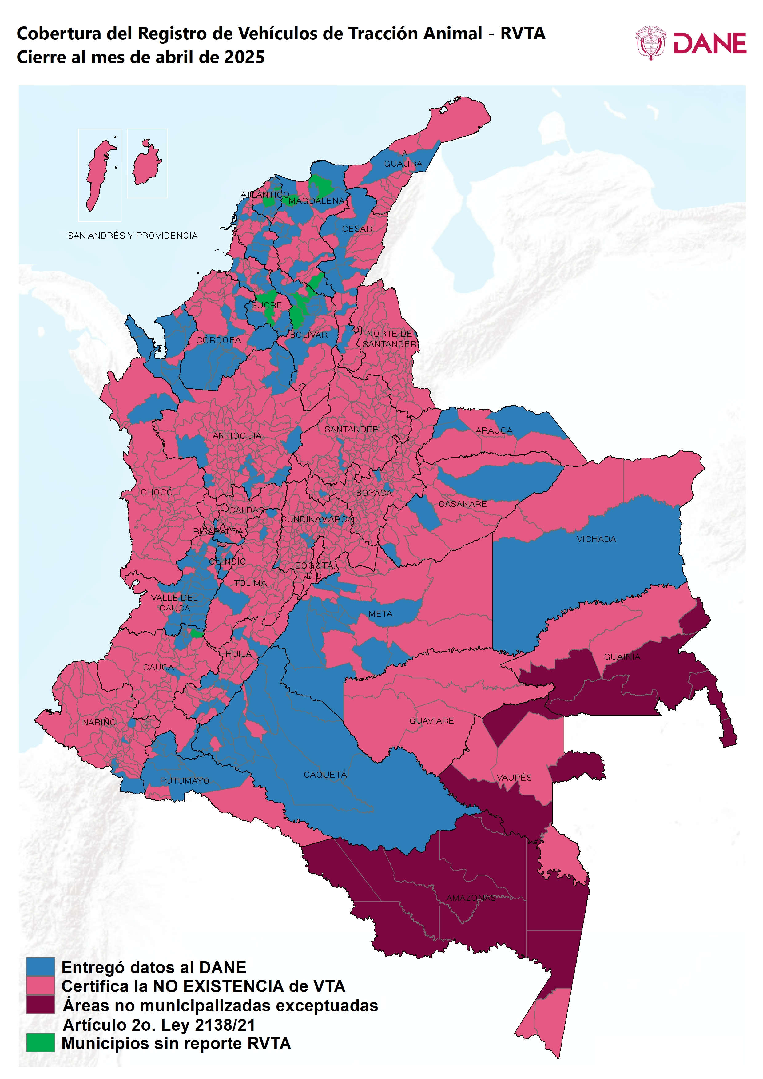 Mapa que muestra la cobertura del registro de vehiculos de tracción animal en Colombia Enero 2025