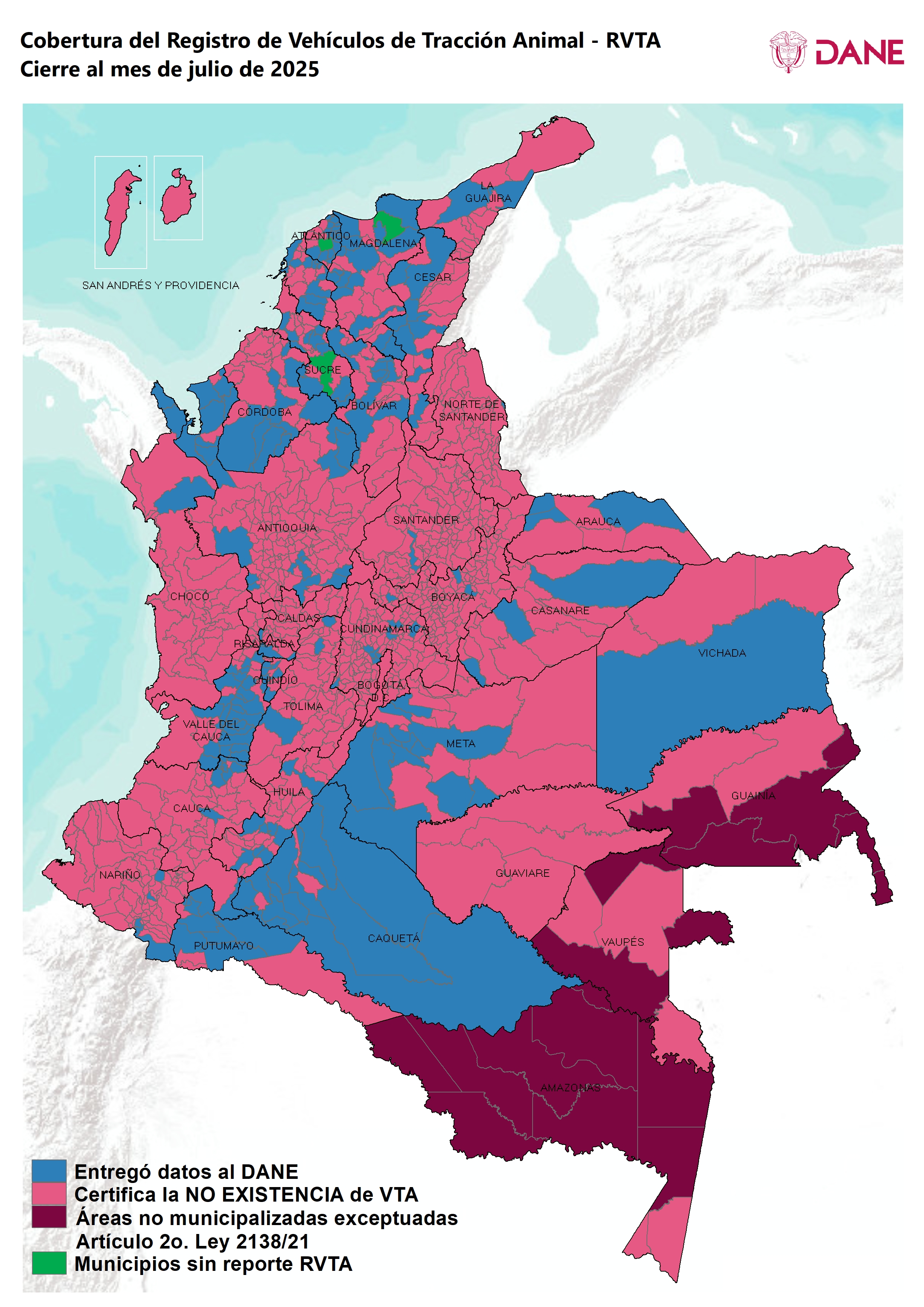 Mapa que muestra la cobertura del registro de vehiculos de tracción animal en Colombia Enero 2025