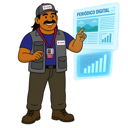 Rubén, señalando una proyección holográfica de un periódico digital y gráficas de barras