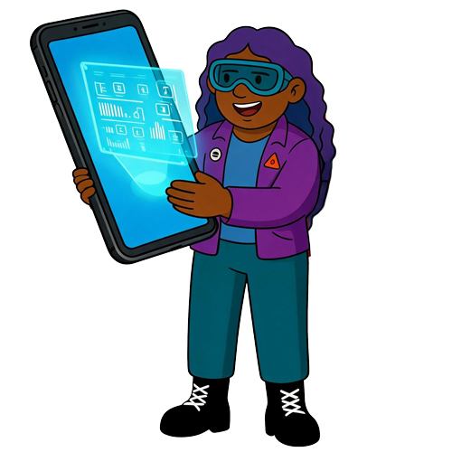Ilustración de Amaranta, encuestadora del DANE, con un teléfono celular gigante en sus manos
