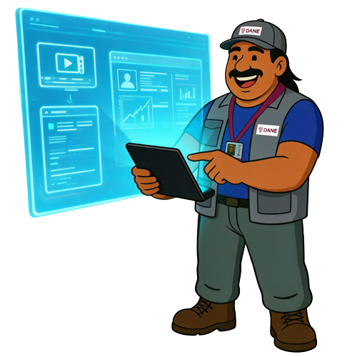 Ilustración de Rubén, encuestador del DANE, interactuando con una tablet y proyectando un holograma azul