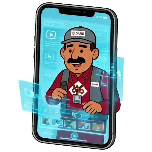 Ilustración de un teléfono celular en el cual se aparece Omar, encuestador del DANE, junto a algunos hologramas azules de datos