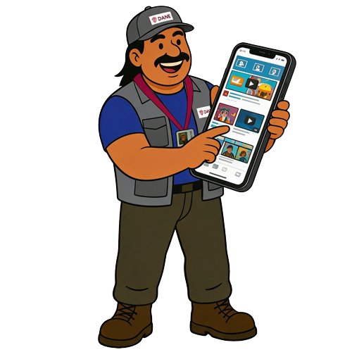Ilustración de Rubén, encuestador del DANE, sosteniendo un teléfono celular gigante en las manos