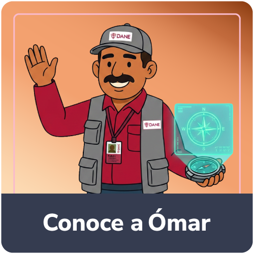 Ilustración de Ómar, un hombre con bigote, gorra y chaleco del DANE, con la mano en el mentón en actitud pensativa