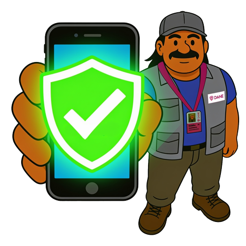 Rubén, funcionario del DANE, mostrando en primer plano un celular con un escudo verde de verificación