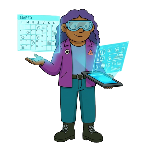 Amaranta sosteniendo una tableta que proyecta hologramas de un calendario y tableros de información